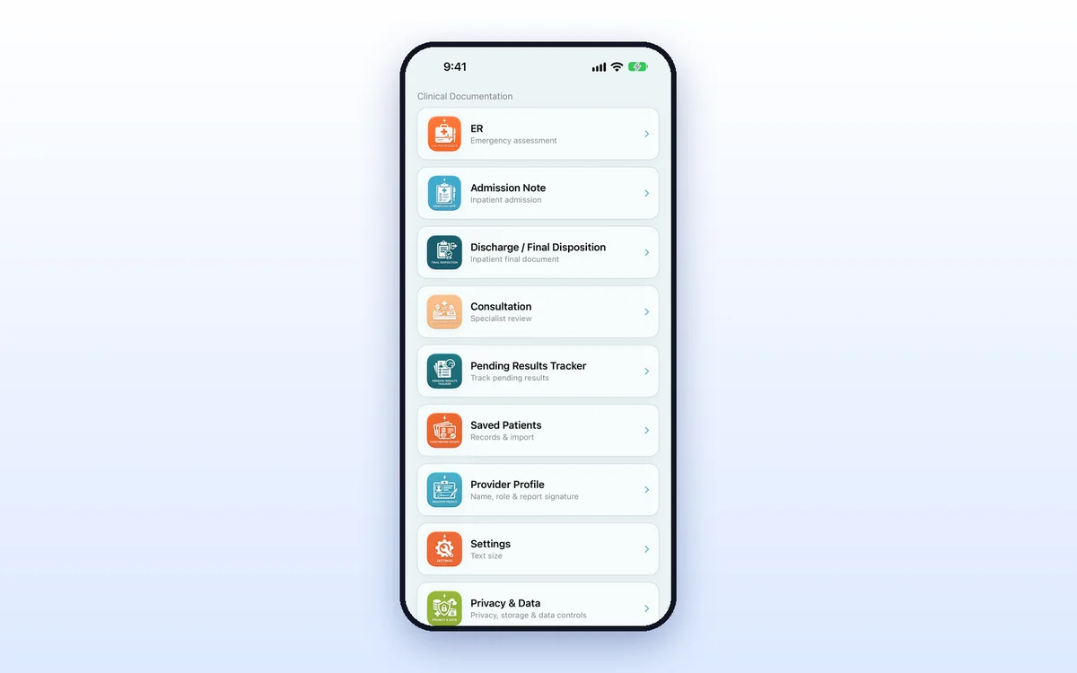 iPhone showing the PediaFlux Clinical Documentation menu.