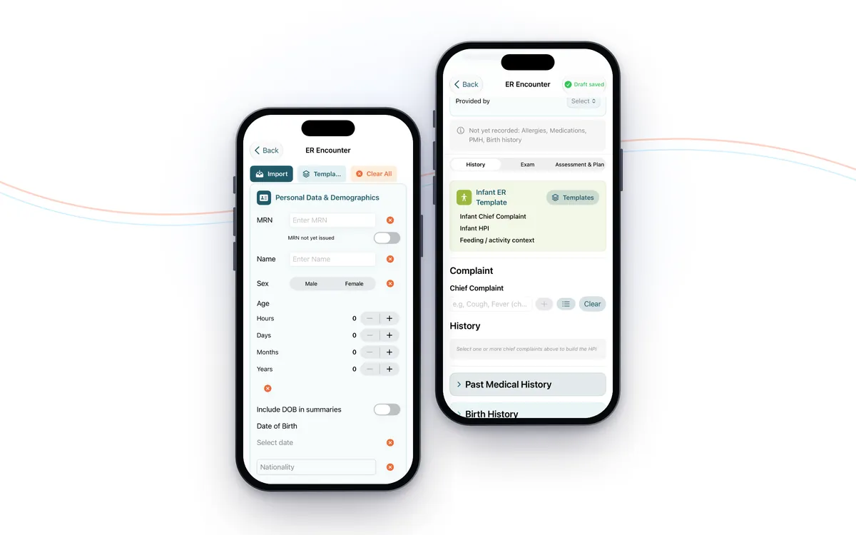 Two iPhones showing ER demographics and the Infant ER Template.