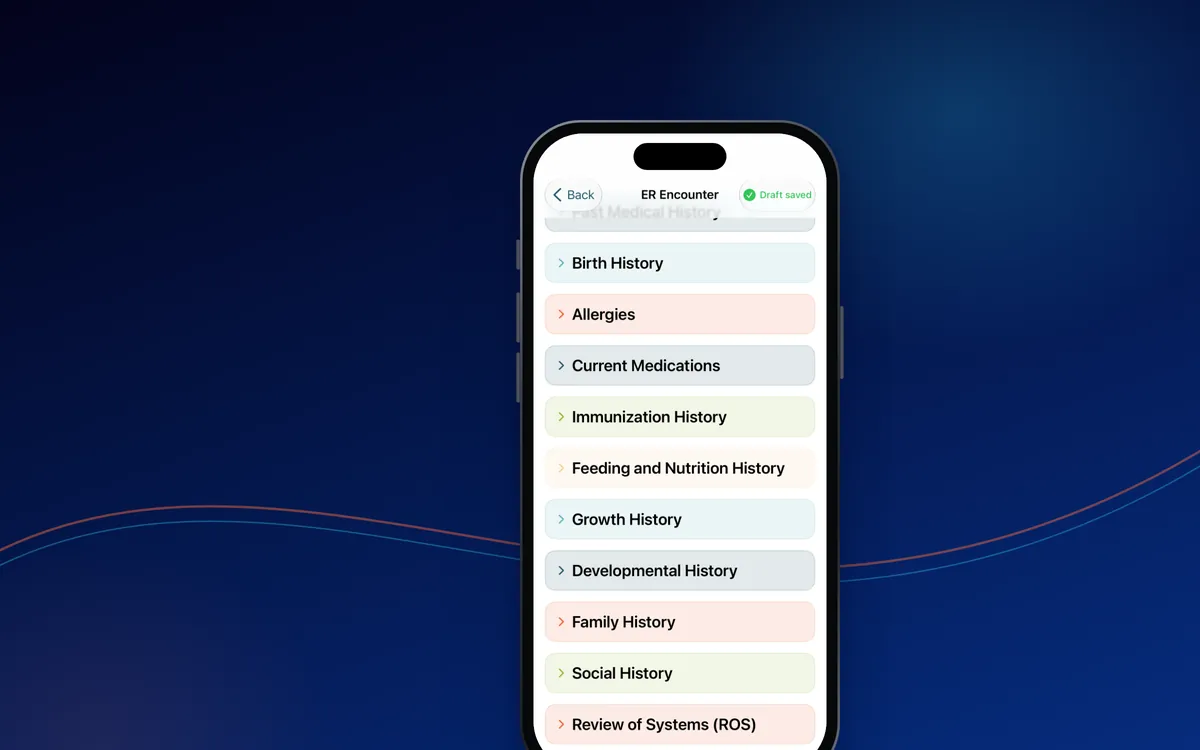 iPhone showing collapsible History sections from Birth History to Review of Systems.