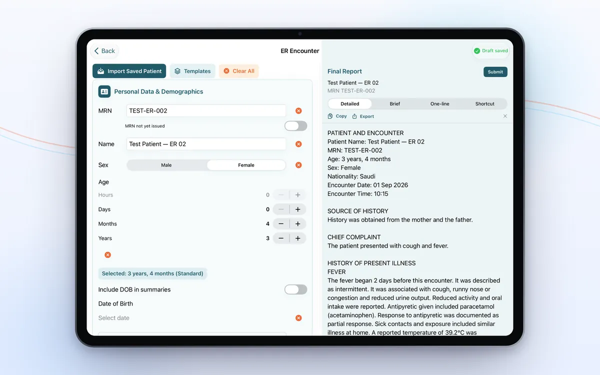 iPad showing an ER Encounter form with the Final Report beside it.