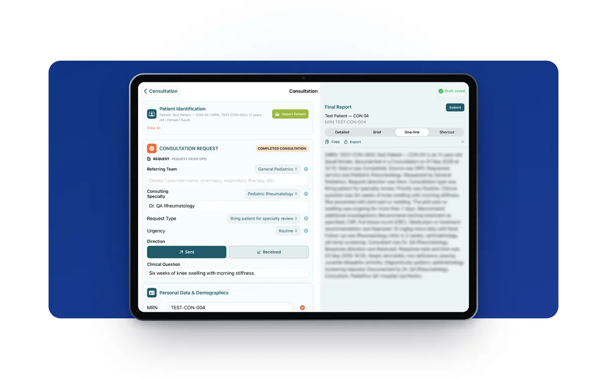 iPad showing a Consultation request with the report pane beside it.