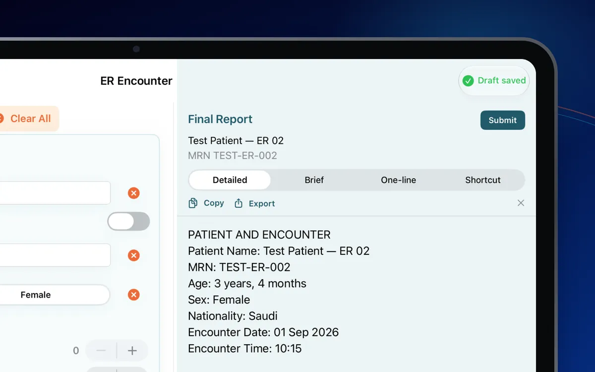 Close view of the iPad split layout and Final Report formats.