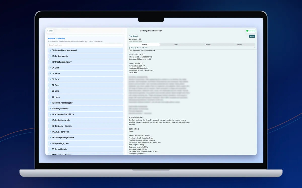 MacBook showing Newborn Discharge with the Final Report.