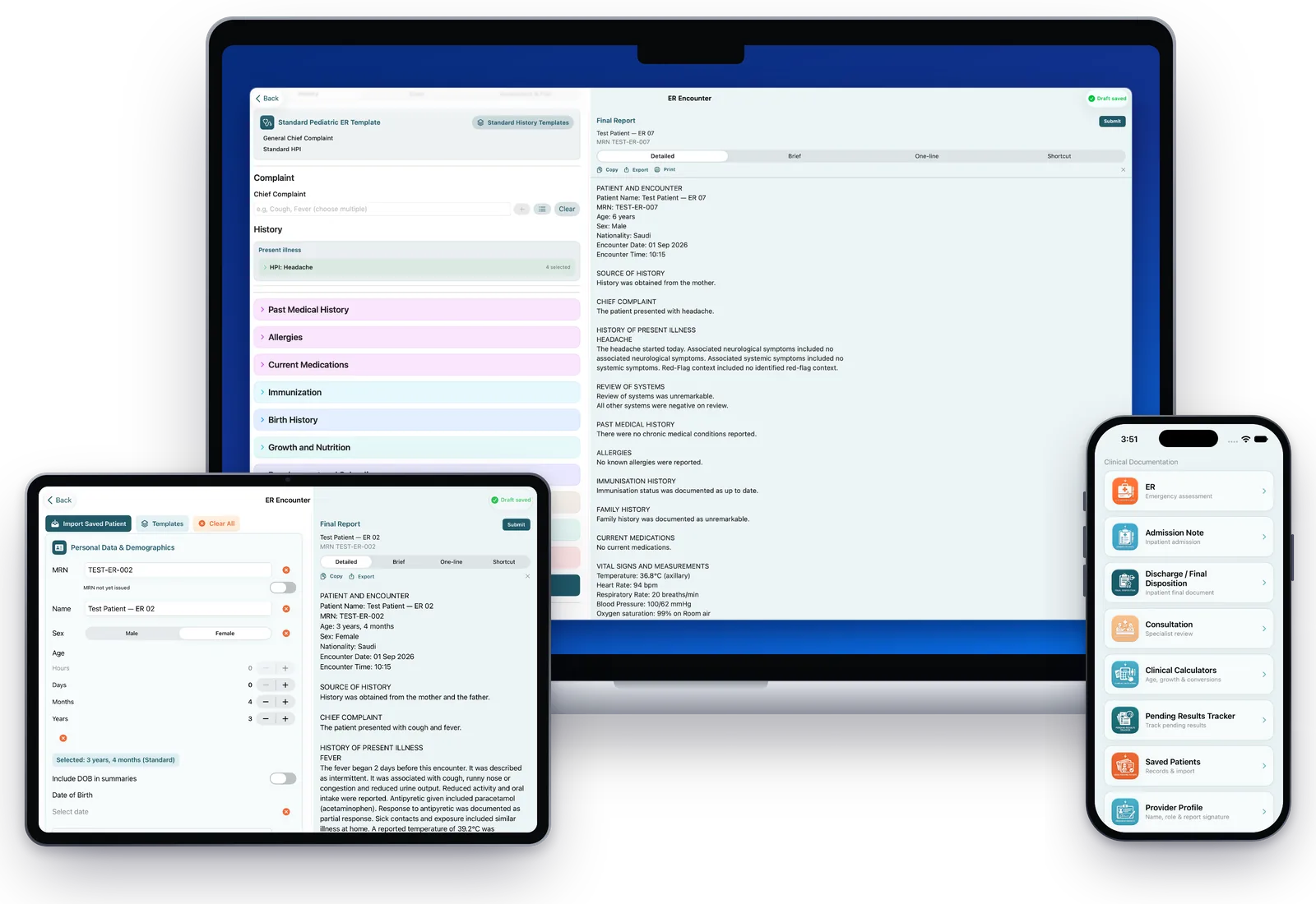 PediaFlux on MacBook, iPad and iPhone showing Emergency documentation with the Final Report beside the form.